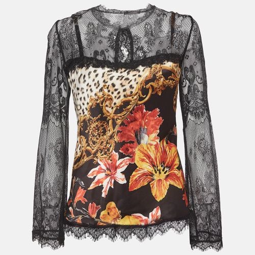 Floral Print Lace Trim Satin Crochet Blouse L - Roberto Cavalli - Modalova