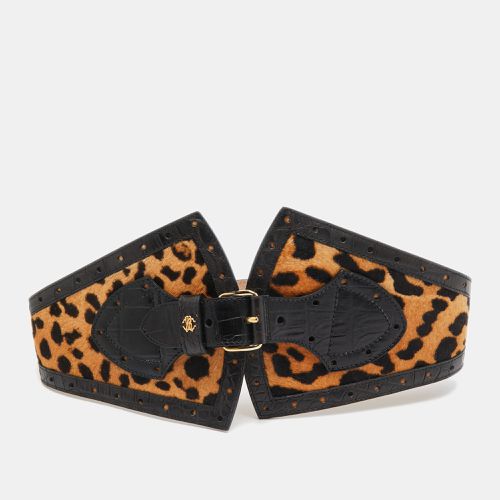 Brown/ Leopard Calfhair and Croc Embossed Leather Wide Buckle Belt 75CM - Roberto Cavalli - Modalova