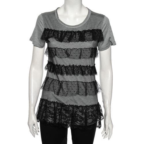 Ruffled Lace and Jersey Short Sleeve T Shirt M - RED Valentino - Modalova