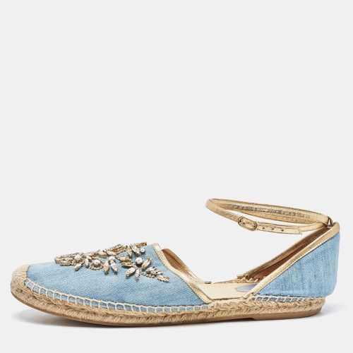 René Caovilla Denim and Leather Trim Crystal Embellished Ankle Wrap Espadrille Flats Size 41 - René Caovilla - Modalova