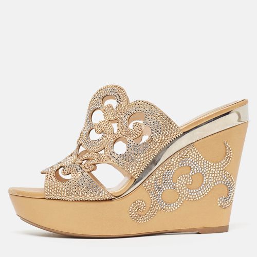 René Caovilla /Beige Leather Lasercut Crystals Wedge Sandals Size 40 - René Caovilla - Modalova