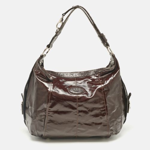 Dark Coated Canvas and Crackled Patent Leather Side Buckle Hobo - Tod's - Modalova