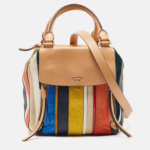 Mix Leather and Canvas Balloon Stripe Half Moon Satchel - Tory Burch - Modalova