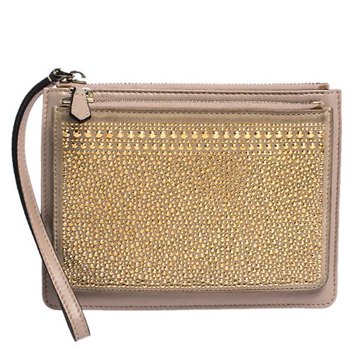 Nude /Gold Leather and Suede Studded Wristlet Pouch - Valentino - Modalova