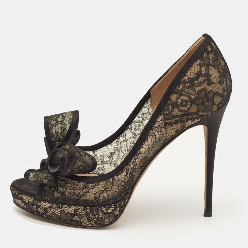 Lace and Mesh Bow Peep Toe Platform Pumps Size 38 - Valentino - Modalova