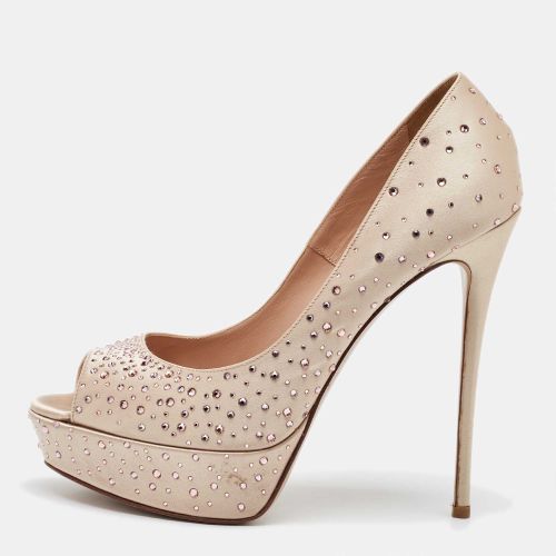 Crystal Embellished Satin Peep Toe Platform Pumps Size 40 - Valentino - Modalova