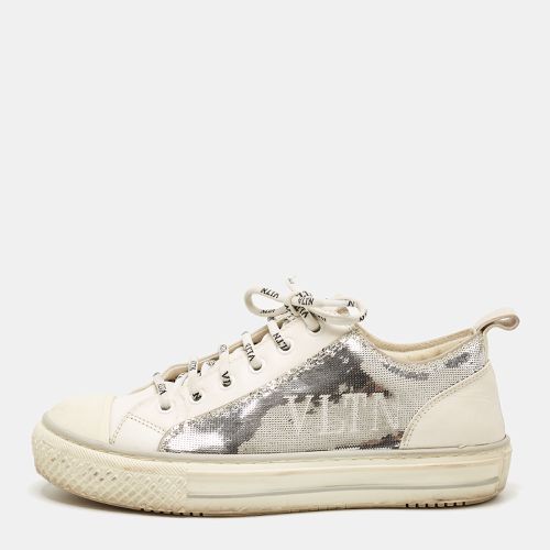 Silver/ Leather and Sequins Lace Up Sneakers Size 36 - Valentino - Modalova