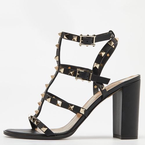 Leather Rockstud Ankle Strap Block Heel Sandals Size 38.5 - Valentino - Modalova