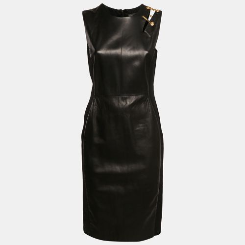 Leather and Jersey Sleeveless Brooch Detail Bodycon Dress M - Versace - Modalova