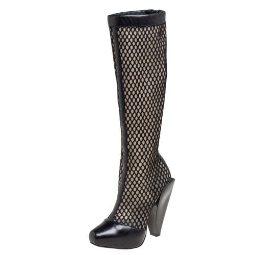 Leather And Mesh Pointed Toe Knee Length Boots Size 36 - Versace - Modalova