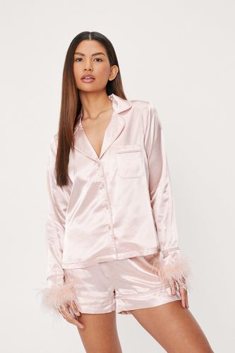 Womens Satin Feather Pajama Shirt and Shorts Set - - 12 - Nasty Gal - Modalova