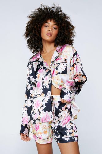 Womens Satin Floral Print Colorblock Pajama Shorts Set - - 6 - Nasty Gal - Modalova