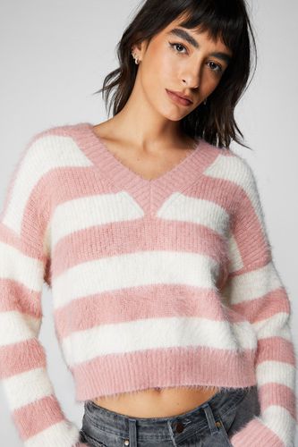 Womens Fluffy Stripe V Neck Knit jumper - - S - Nasty Gal - Modalova