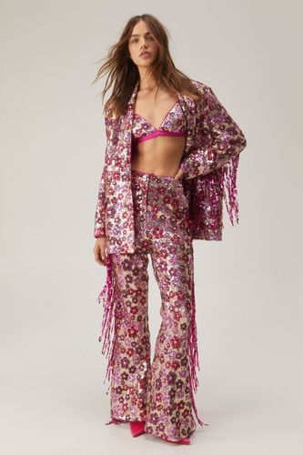 Womens Floral Sequin Flare trousers - - 4 - Nasty Gal - Modalova