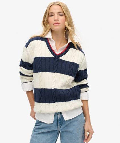 Damen Gestreifter übergröße-pullover mit Zopfmuster und V-ausschnitt - Größe: 34-36 - Superdry - Modalova