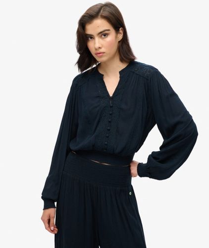 Damen Langärmelige, Gesmokte Bluse mit Spitzenbesatz - Größe: 42 - Superdry - Modalova