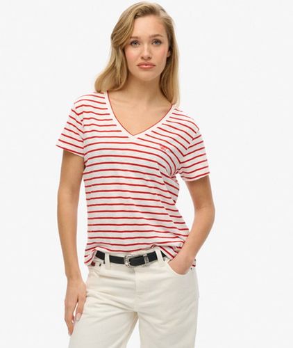 Women's Slub Embroidered V-neck T-shirt / Varsity /optic Stripe - Size: 12 - Superdry - Modalova
