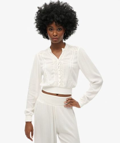 Women's Langärmelige, Gesmokte Bluse mit Spitzenbesatz - Größe: 38 - Superdry - Modalova