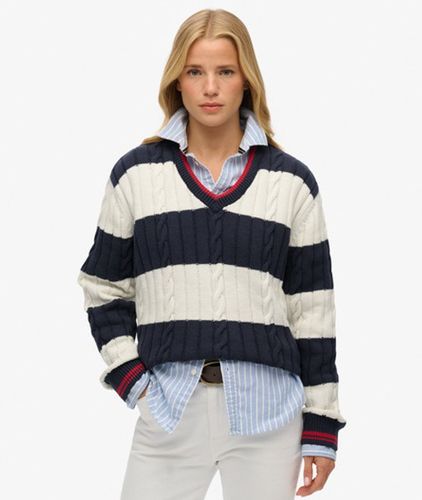 Damen Gestreifter übergröße-pullover mit Zopfmuster und V-ausschnitt - Größe: 36 - Superdry - Modalova