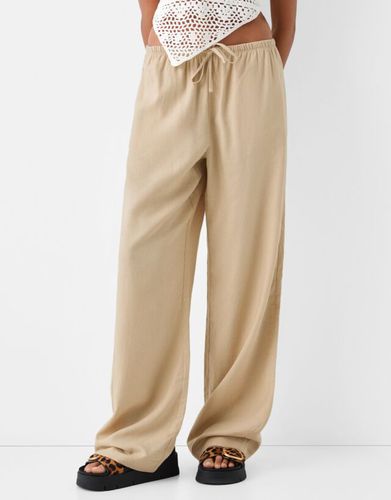 Pantalón Straight Con Lino Cintura Goma Mujer Xs - Bershka - Modalova