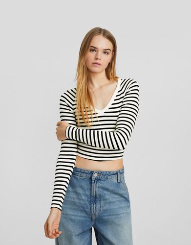 Camiseta Manga Larga Cuello Pico Mujer Xs / - Bershka - Modalova