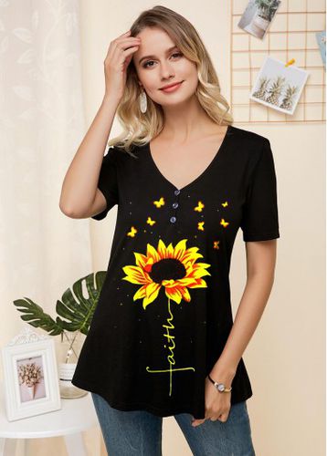 Sunflower Print V Neck Short Sleeve T Shirt - unsigned - Modalova
