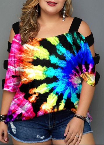 MultiColor Tie Dye Print Ladder Cutout T Shirt - unsigned - Modalova