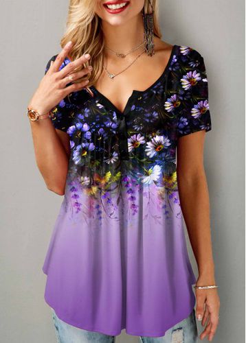 Short Sleeve Floral Print Button Detail T Shirt - unsigned - Modalova