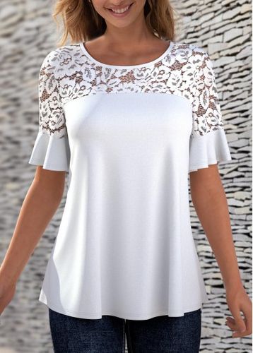 Lace Stitching Solid Round Neck T Shirt - unsigned - Modalova