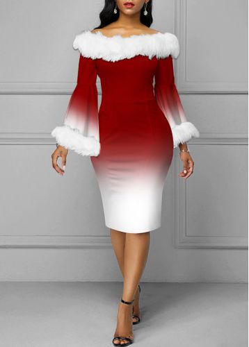 Faux Fur Off Shoulder Christmas Design Ombre Dress - unsigned - Modalova