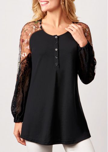 Lace Stitching Long Sleeve Black Blouse - unsigned - Modalova