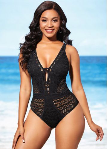 Hollow Design Tie Back Black One Piece Swimwear - unsigned - Modalova