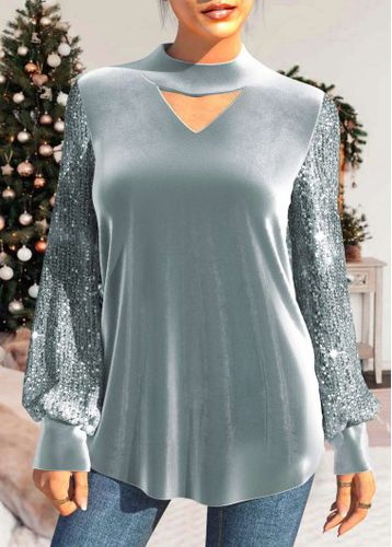Sequin Long Sleeve Grey Velvet Stitching T Shirt - unsigned - Modalova