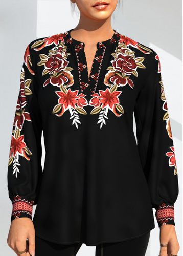 Tribal Print Long Sleeve Black Blouse - unsigned - Modalova