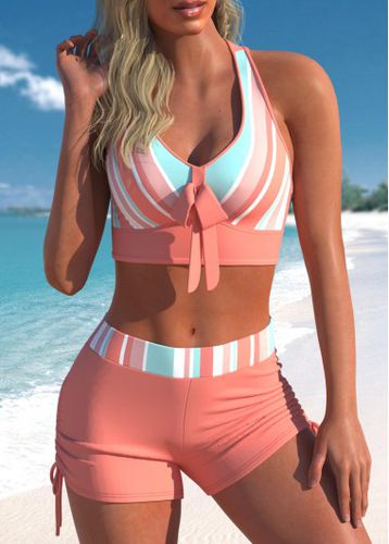 Striped Cross Strap Bowknot Coral Orange Bikini Set - unsigned - Modalova