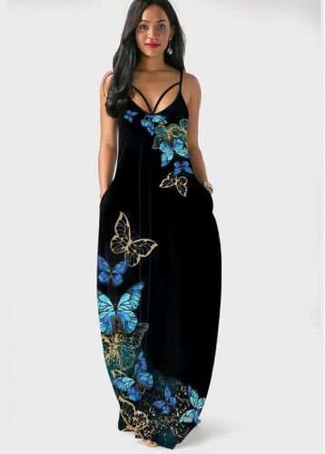 Butterfly Print Spaghetti Strap Black Dress - unsigned - Modalova