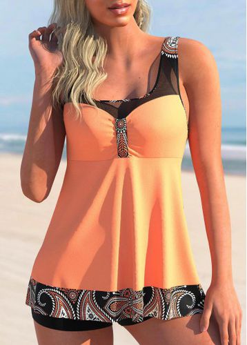 Mesh Stitching Coral Orange Paisley Print Swimdress Top - unsigned - Modalova
