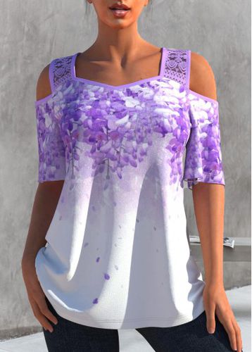 Light Purple Cold Shoulder Lace Stitching T Shirt - unsigned - Modalova