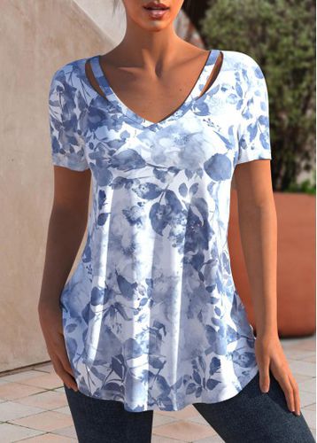 Floral Tie Dye Print Cutout Dusty Blue T Shirt - unsigned - Modalova