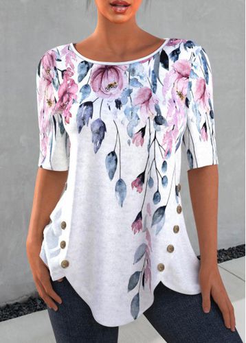 Decorative Button Floral Print Petal Hem T Shirt - unsigned - Modalova