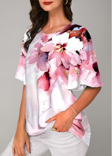 Pink Floral Print Half Sleeve Round Neck T Shirt - unsigned - Modalova