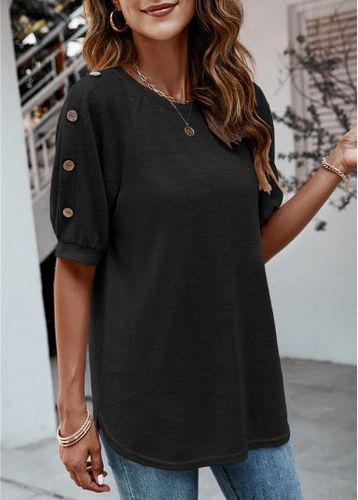 Black Decorative Button Half Sleeve T Shirt - unsigned - Modalova