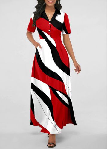 Red Pocket Geometric Print Short Sleeve Maxi Dress - unsigned - Modalova