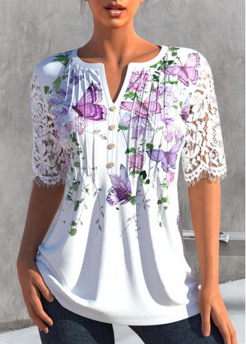 Lace Stitching White Butterfly Print T Shirt - unsigned - Modalova