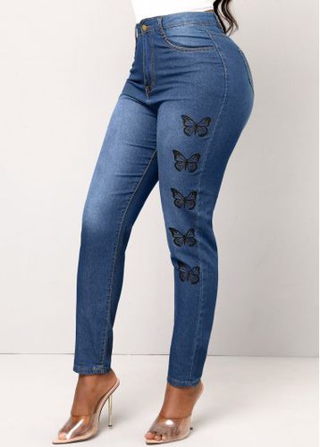 Denim Blue Double Side Pockets Butterfly Print Jeans - unsigned - Modalova