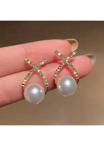 Gold Cross Pearl Design Rhinestone Earrings - unsigned - Modalova
