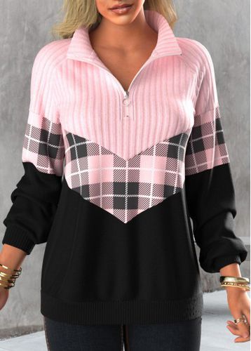 Light Pink Zipper Tartan Print Long Sleeve Sweatshirt - unsigned - Modalova