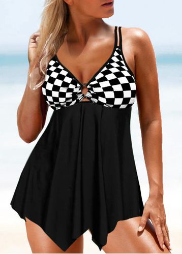 Black Checkered Print Asymmetric Hem Swimdress Top - unsigned - Modalova