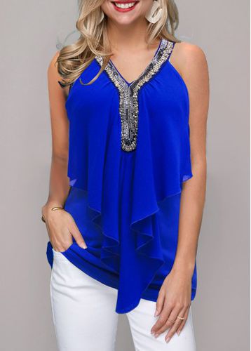 Embellished Neck Flounce Royal Blue Sleeveless T Shirt - unsigned - Modalova