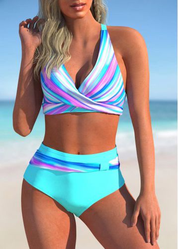 Stripe Print Cyan Cross Strap Bikini Set - unsigned - Modalova